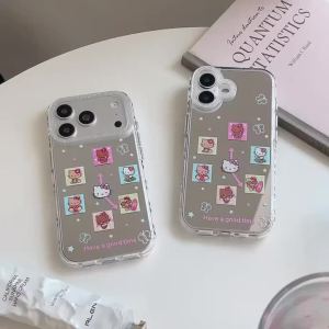Sanrio | Cute Grid Cartoon Sanrio Hello Kitty Makeup Mirror Phone Case For iPhone 15 16 17 Pro Max Kawaii Girl Protector Anti-drop Cover