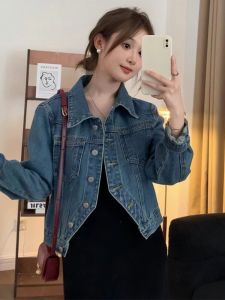 Blue Denim Jacket Womens Spring Style Long Sleeve Short Model Slimming Loose Casual Polo Collar Four Seasons Wear