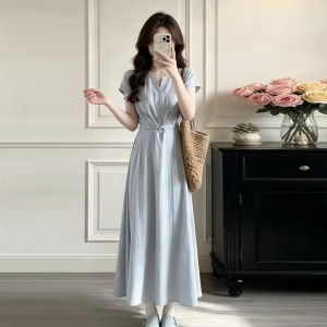 Ge·an·fei | Elegant Blue French Style Short Sleeve Dress Slim Fit A-Line