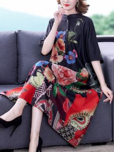 Silk Maxi Dress Guangzhou Thirteenth Factory Womens Fashionable Mom Large Size Skirt round Neck Short Sleeve Print