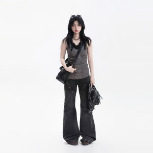Amer Retro Metallic Studs Waist-tightening Pleats Sleeveless Vest