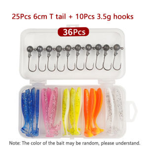 36Pcs/box Jig Head Hook Soft Lure Kit 6cm Soft Fishing Lure 3.5g Jigging Heads Fishing Hooks Set with Fishing Tackle Box Swivel