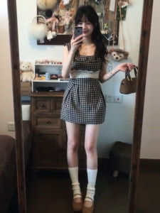 Y6Y | French Vintage Plaid Doll Collar Sleeveless Dress Lace Waist Cinching Slimming Vest A-Line Mini Skirt Summer Sweet Style