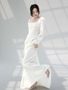 White Evening Dress Light Luxury Minority Classy French Satin Bridesmaid Dress Fancy Engagement Adult Ceremony Dress for Women