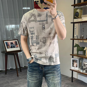 เสื้อยืดแขนสั้นผ้าลินินไหมน้ำแข็งสำหรับผู้ชาย ฤดูร้อน 2025 ใหม่ คอกลม เยาวชน พิมพ์ลาย ทรงสลิมฟิต ลำลอง เสื้อยืดแขนครึ่งตัว