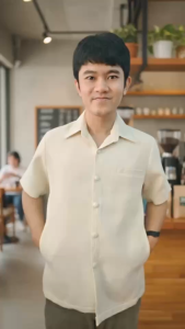 เสื้อซาฟารีชาย ปกเชิ้ต อัดกาวทั้งตัว ผ้าฝ้าย เยื่อไผ่ ใส่ทำงาน ใส่ทีม สีคลีมขาว พี่พิมพ์ ผ้าไทย