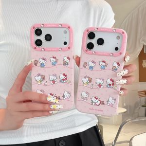Sanrio | Korean Cute Cartoon Silicone Pink Sanrio Full Screen KT Phone Case For iPhone 17 16 15 Pro Max Shockproof Protective Soft Cover