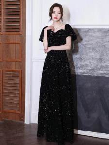 Elegant Black Sequin Evening Dress Womens Performance Hostess High Waist A-Line Skirt Ball Gown Style Wedding Date Party