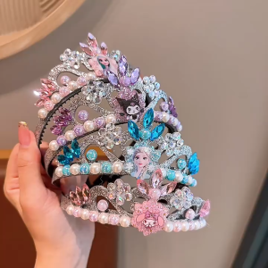 CA  ที่รัดหัวมงกุฎเจ้าหญิงคาวาอี้ที่น่ารักแบบวินเท็นสำหรับเด็กที่มีประกายอัญมณีและตัวการ์ตูน