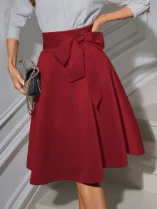 Womens Elegant High Waist Flared Midi Skirt with Bow Belt Inclusive Fit Stretch Knit Fabric Versatile for Office and Party W