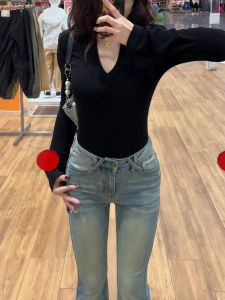 High Waist Slim Fit Jeans American Style Light Blue Bell Bottoms Elastic Casual Wear Spring 2025 New Arrival Womens Denim