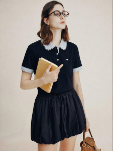 FAMANXUAN | College Style Trim Acetate Lace Peter Pan Collar Polo Shirt