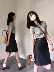 High Waist A-Line Mini Skirt for Women Summer Thin Dark Denim Half Body Covering Hip Korean Style Commute Other Material