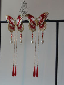 Original Festive Embroidered Red Butterfly Hair Accessory for Wedding Engagement Hanfu Costume Ethnic Style Hair Clip Decoration