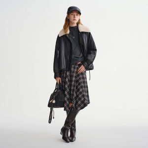 DUSHU | Fluffy Collar Protein Leather Down Jacket