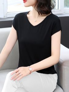 Modal Ice Silk Short Sleeve T-shirt Summer Plus Size V-neck Inner Match Womens Loose Slim Looking Bottoming Shirt Pure Color Outerwear Top