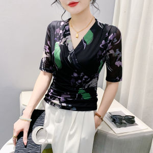 REHIN เสื้อยืดแขนสั้นเข้ารูปสำหรับผู้หญิงอินเทรนด์พิมพ์ลายตาข่ายฤดูร้อน บอดี้สูทหญิง