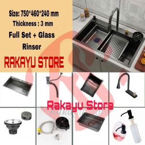 KITCHEN SINK 7545 BLACK LENGKAP KRAN TARIK WATER FALL/KITCHEN SET MODERN/WASTAFEL 7545 HITAM FULL SET/LUXURY 7546 BLACK