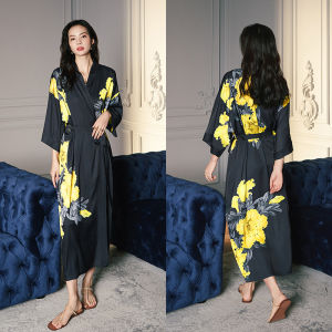 Summer Chiffon Sleepwear Jumpsuit for Women Luxury Style Ruffles Floral Pattern Long Dress with Shirt Collar
