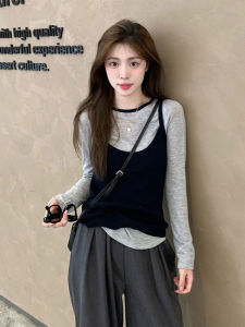 Korean Style Autumn Fashion Knitted Layering Two-Piece Set Womens Casual Wear Long Sleeve round Neck Top Bottom Ensemble