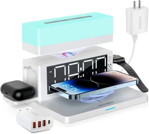 Brifit Wireless Charger 6 in 1 Wireless Charger with Digital Alarm Clock Night Light 15W Fast Charger Compatible with iPhone 14/13/11/ES/XS/8 Samsung Galaxy AirPods Apple Watch (with 4 Ports Adapter)