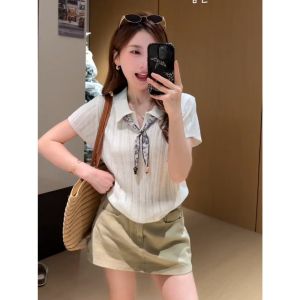 YUEZHONGWEI | French Lace Ice Silk Polo Shirt Short-sleeved T-shirt