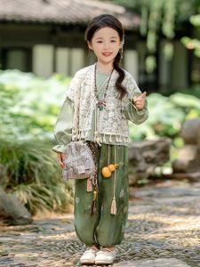 Princess Style Childrens Hanfu Three-Piece Set Ethnic Trendy Girls Clothing Spring Summer Autumn Seasonal Kids Traditional Costume