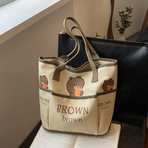 Cartoon Bear Canvas Tote Bag Womens Large Capacity Casual Handheld Commuter Bag Single Shoulder Bag for Class And Travel