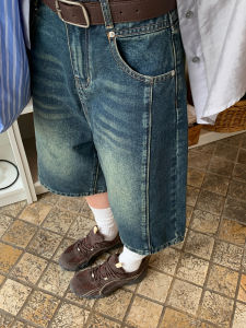 Rainy Street Style Vintage Blue Loose Washed Mid-Length Jeans Women Summer Casual Slim Straight Leg High Waist Jeans