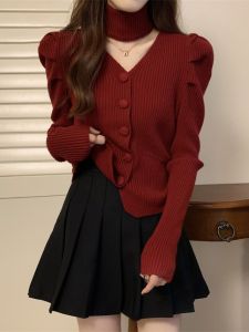 Red Oversize Knitwear Womens Autumn Winter Design Sense off Shoulder Irregular Base Shirt Korean Style Slim Fit Long Sleeve