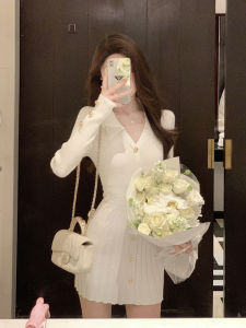 Váy Dệt Kim Dài Tay Ôm Vừa Vặn Cho Nữ Mùa Thu Đông Phong Cách Pháp Cổ Polo Dáng Chữ a Cạp Cao Màu Trơn