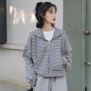 Slimming Striped Long Sleeve Thin Hoodie Womens Sporty Open Cardigan Outerwear Loose Fit Comfortable Korean Style Autumn New Arrival