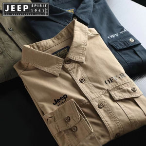 JEEP SPIRIT 1941 เสื้อเชิ้ต ESTD ของผู้ชาย เสื้อเชิ้ตทำงาน สีทึบลำลองกลาง แจ้งฤดูใบไม้ผลิและฤดูใบไม้ร่วง