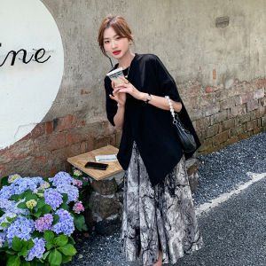 ชุดเดรสสีดำหรูหรา เสื้อยืดผ้าชีฟอง กระโปรงสั้น ชุดสองชิ้น ฤดูร้อน 2022 คอตั้ง สไตล์เรโทร กระโปรงทรงเอ