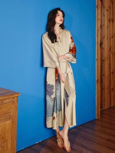 New Ice Silk Long Summer Lightweight Sleepwear Womens Hanfu Morning Robe Nightgown Luxury Home Clothes Floral Print Princess Style