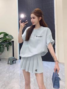 Cute Letter Print round Neck Short Sleeve Pleated Mini Skirt Two Piece Set Women Summer Casual Sports Outfit Cotton Blend