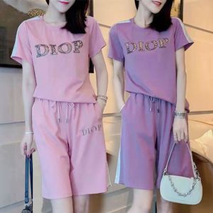 Fashionable Sporty Womens Short Sleeve Five-Point Cotton Set round Neck Two-Piece Suit Korean Style Summer New Arrival