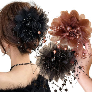 Large Mesh Flower Beads Hair Clip / Elegant Flower Pearl Tassel Hair Claws / Korean Ponytail Holder / Woman Retro Hair Accessories