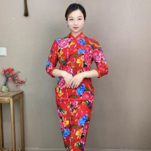 Mid-Year Womens Mommy Style New Ethnic Wind Cheongsam Sleeve T-Shirt Summer Ice Silk Pants Two-Piece Set Northeast Big Flower
