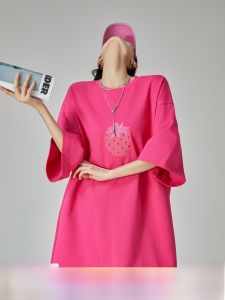 Dopamine Pink Strawberry Embroidery Long Short Sleeve T-Shirt Dress Casual Loose Summer New Style Womens Fashion Dress