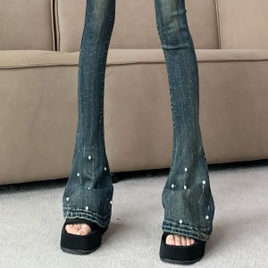 Retro Weila Denim Womens Summer Stylish American Beaded Rhinestone High-Waisted Trousers Stretch Tight Mop Horseshoe Pants