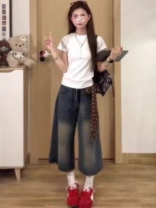 Quần Short Denim Ống Rộng Cạp Cao Mùa Hè Cho Nữ Cỡ Lớn Quần Jeans Ống Đứng Quần Dài Đến Mắt Cá Chân