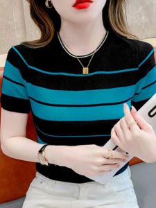 Summer 2024 Womens Slim Fit Stripe Knit Short Sleeve round Neck T-Shirt Fashionable Ring Pure Desire Style Thin Model Ring