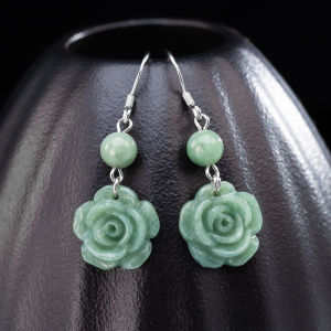 ต่างหูผู้หญิงสีเงิน S925หยกเขียวธรรมชาติสลักลายดอกกุหลาบประณีต TIMESWIND