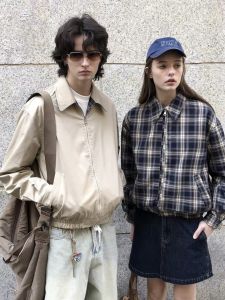 American Retro Double-Sided Checkered Casual Collar Mens Jacket Spring Autumn Harlington Short Couple Workwear Coat