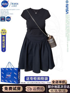 NASA เสื้อยืดแขนสั้นสีดําไม่สม่ําเสมอสําหรับผู้หญิงสไตล์หวานเผ็ดวัสดุผ้าฝ้ายคอกลมยาวปกติสวมใส่ฤดูร้อน
