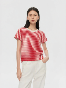 URLAZH | Spring New Retro Style Red and White Striped Fun Embroidery Round Neck Short Sleeve Tshirt