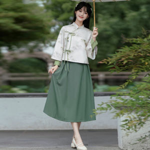 New Chinese Style National Trend Improved Girl Cheongsam Top Small Size Daily Hanfu Autumn Winter Retro Tang Suit Two Piece Set Women