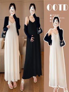 Váy Bầu Cua Cỡ Lớn Mùa Hè 2025 Mới Váy Dài Xếp Ly Dây Hai Mảnh Che Bụng Rộng Rãi Cho Phụ Nữ Mang Thai