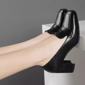 Genuine Leather Womens Single Shoes Spring Autumn New Style Retro Square Head Thick Heel Slip-On Loafers Small Leather Shoes